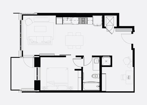 Floor plan for 1 bed, 1 bath, 740 sqft